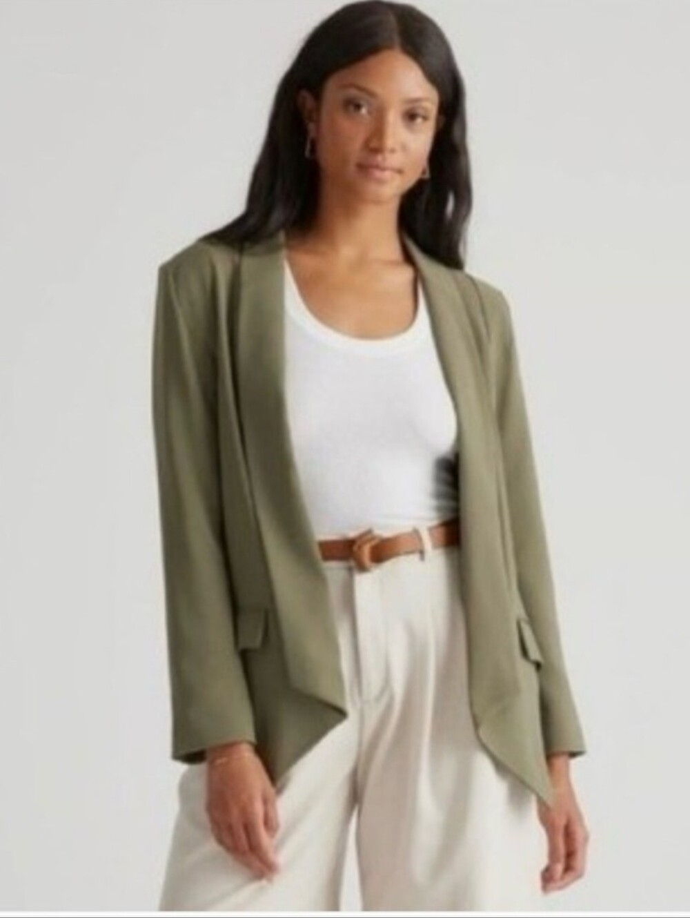 Quince Stretch Crepe Open Blazer Olive Green Medium *machine washable!*